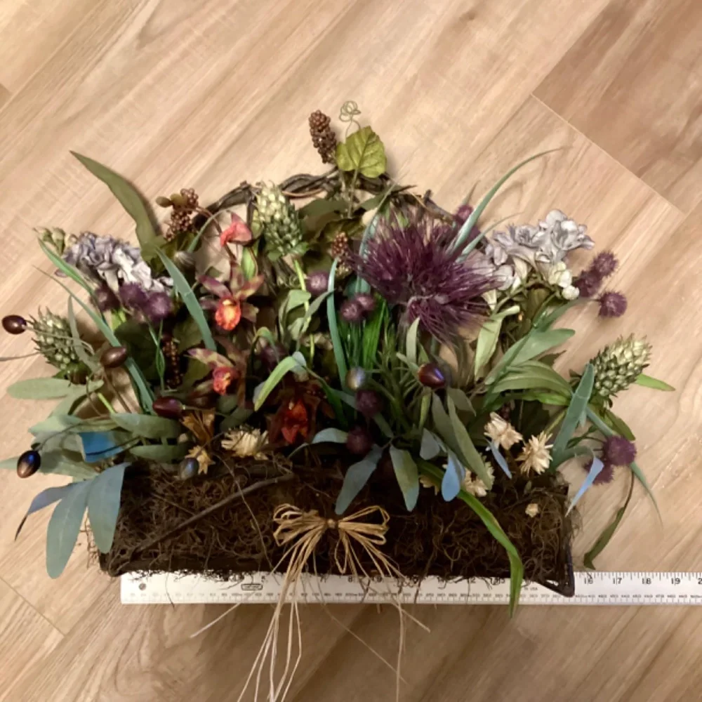 Grapevine Wall or Table Arch Basket w/ Red Purple Blue Green Florals and Raffia
